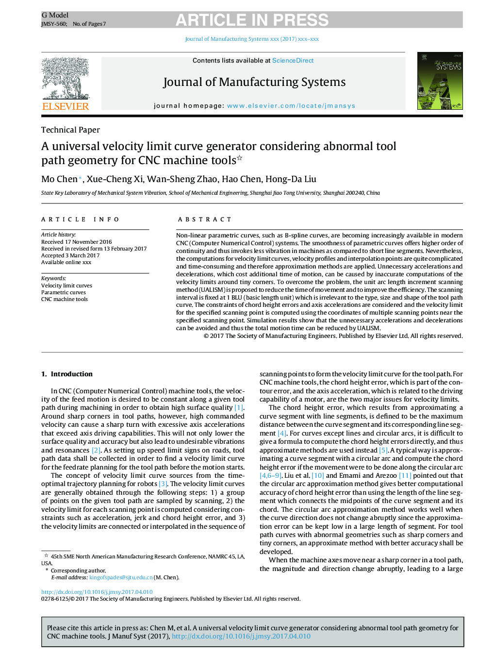 A universal velocity limit curve generator considering abnormal tool path geometry for CNC machine tools