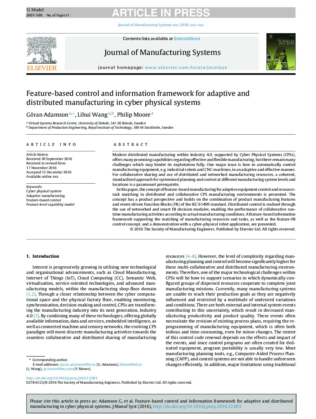 Feature-based control and information framework for adaptive and distributed manufacturing in cyber physical systems