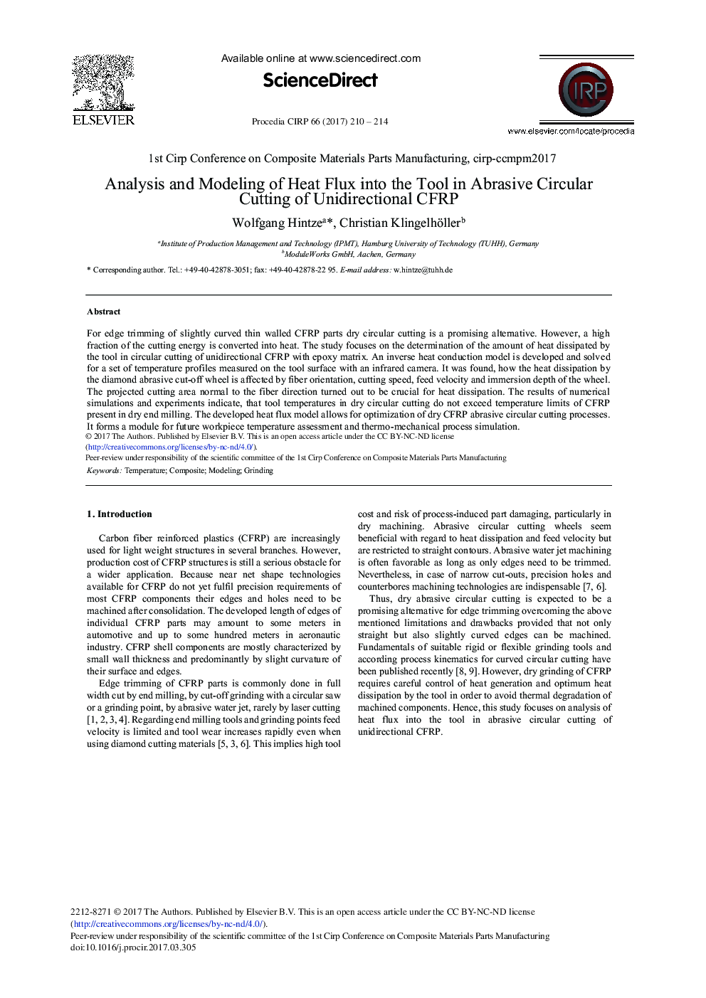 Analysis and Modeling of Heat Flux into the Tool in Abrasive Circular Cutting of Unidirectional CFRP