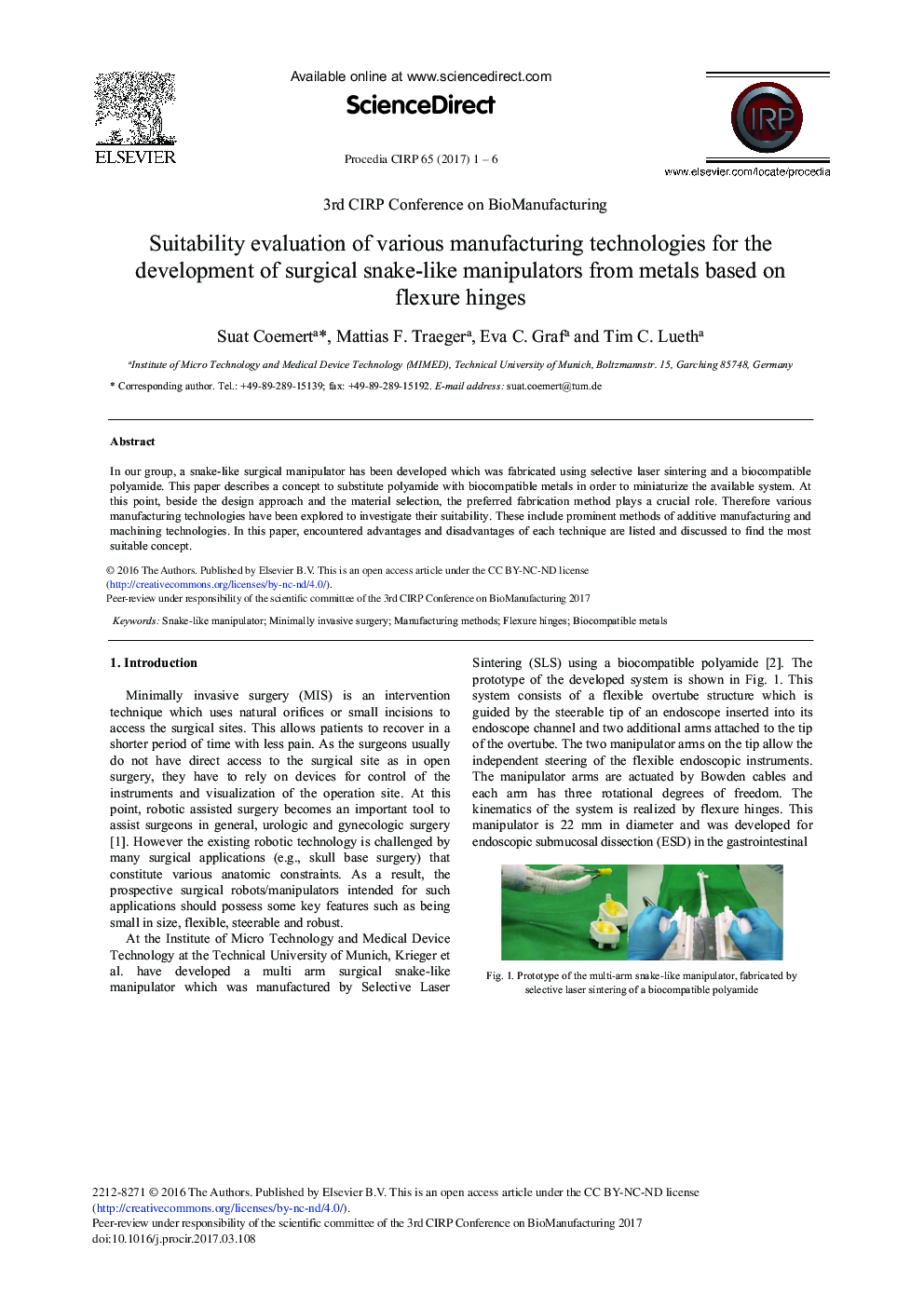 Suitability Evaluation of various Manufacturing Technologies for the Development of Surgical Snake-like Manipulators from Metals Based on Flexure Hinges