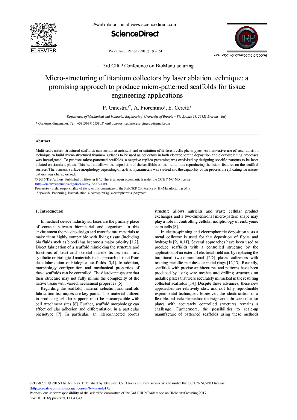 Micro-structuring of Titanium Collectors by Laser Ablation Technique: A Promising Approach to Produce Micro-patterned Scaffolds for Tissue Engineering Applications