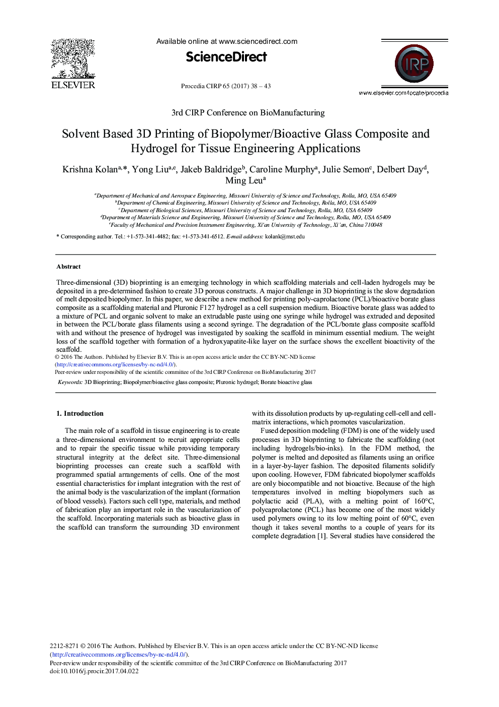 Solvent Based 3D Printing of Biopolymer/Bioactive Glass Composite and Hydrogel for Tissue Engineering Applications