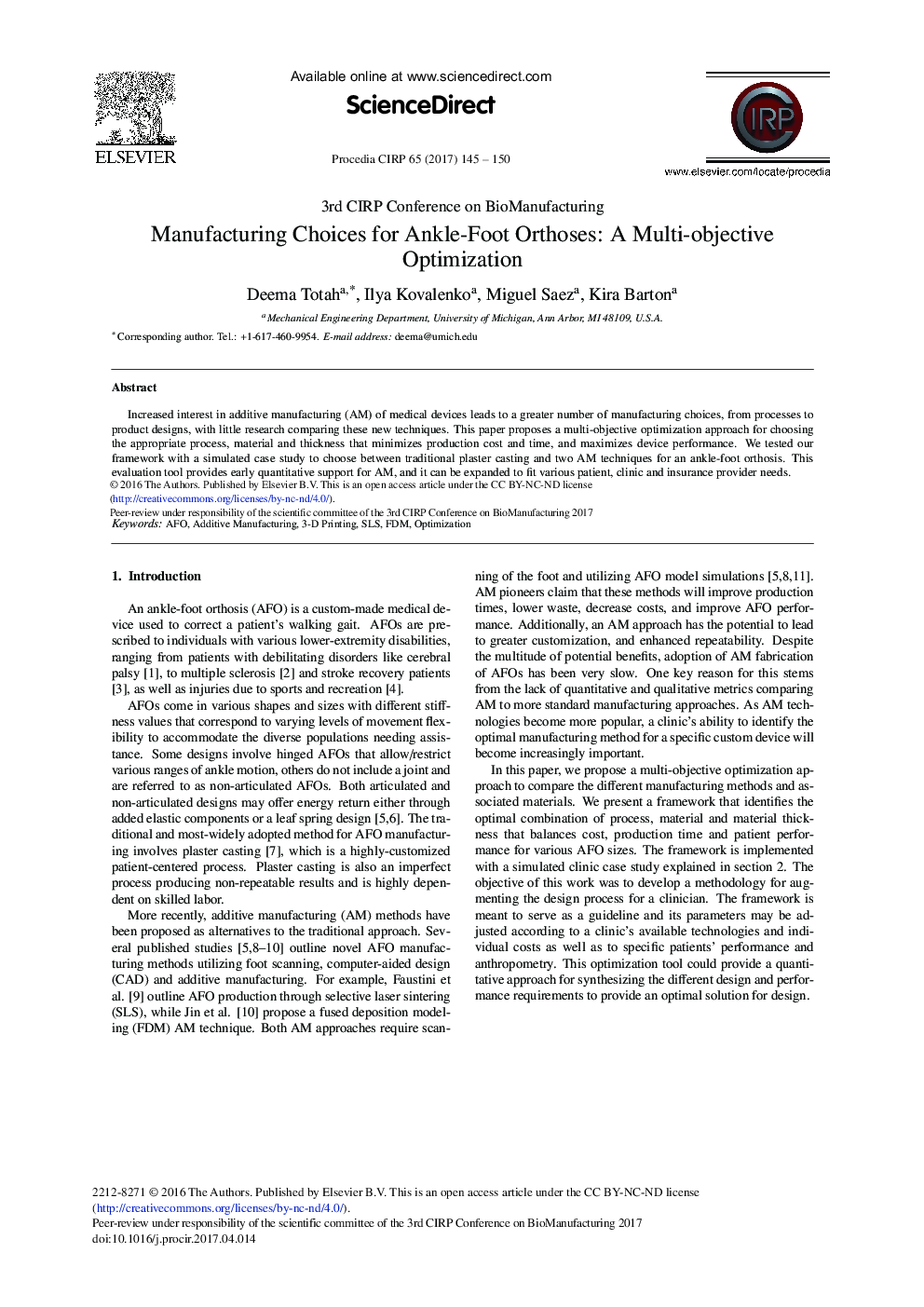 Manufacturing Choices for Ankle-Foot Orthoses: A Multi-objective Optimization