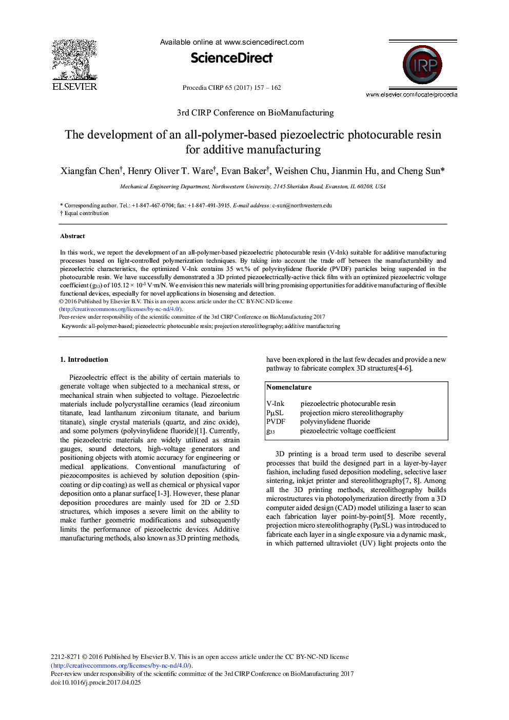 The Development of an All-polymer-based Piezoelectric Photocurable Resin for Additive Manufacturing