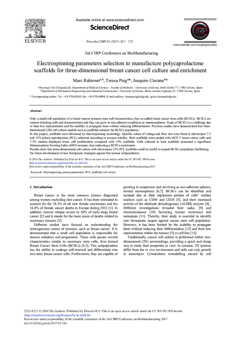 Electrospinning Parameters Selection to Manufacture Polycaprolactone Scaffolds for Three-dimensional Breast Cancer Cell Culture and Enrichment