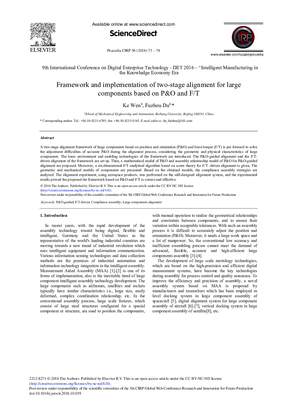 Framework and Implementation of Two-stage Alignment for Large Components based on P&O and F/T