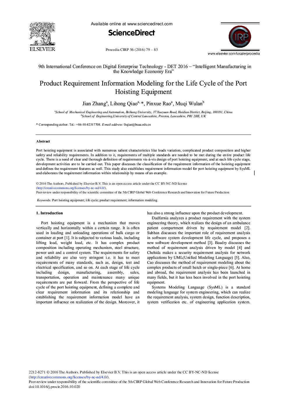 Product Requirement Information Modeling for the Life Cycle of the Port Hoisting Equipment