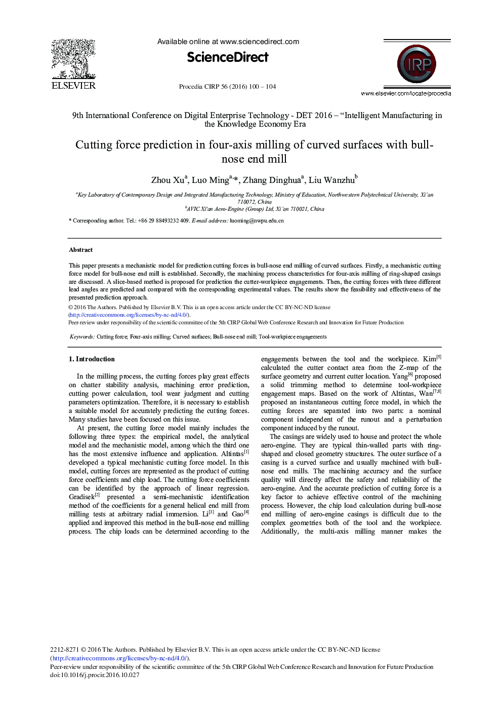 Cutting Force Prediction in Four-axis Milling of Curved Surfaces with Bull-nose End Mill