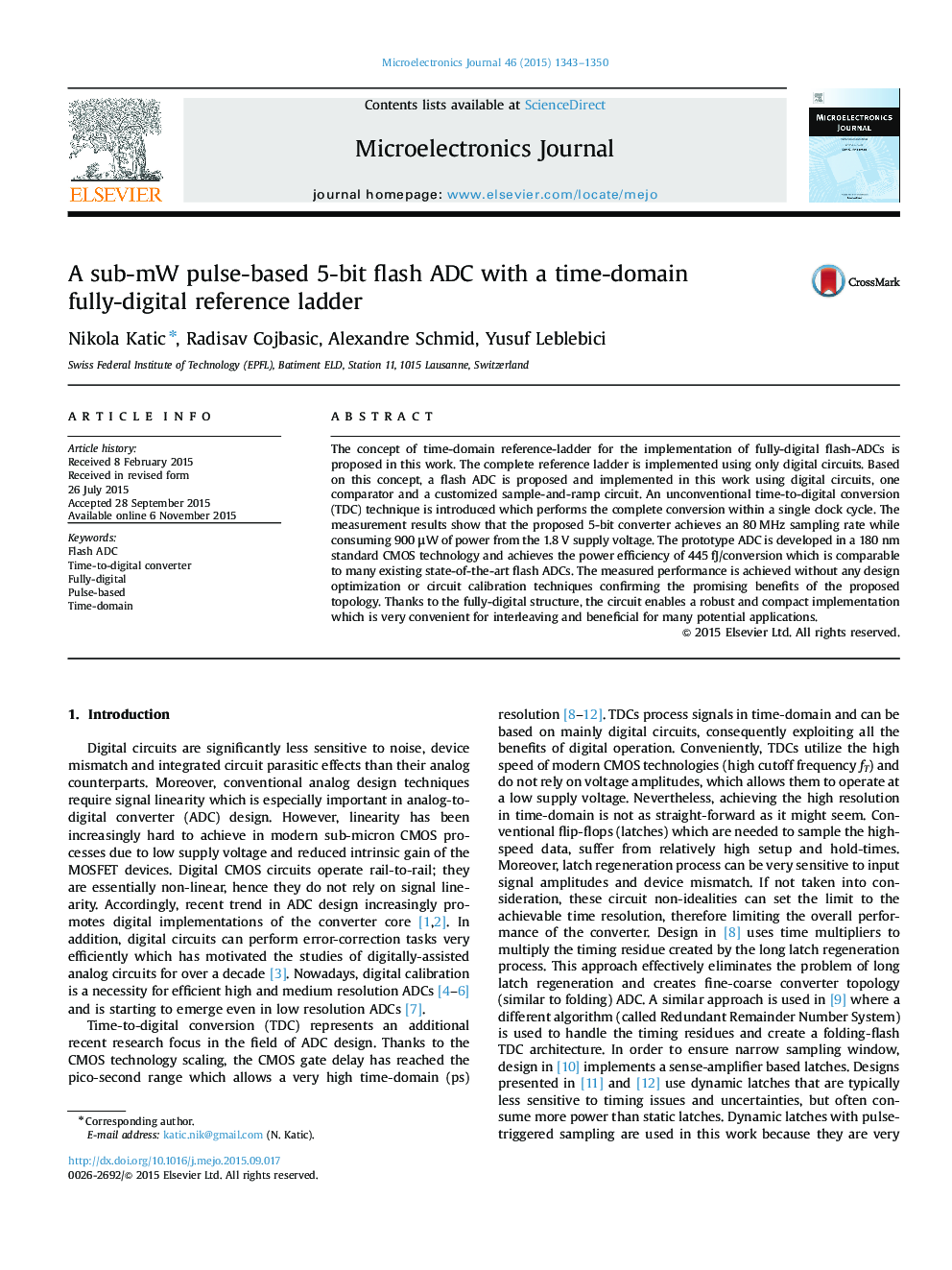 A sub-mW pulse-based 5-bit flash ADC with a time-domain fully-digital reference ladder