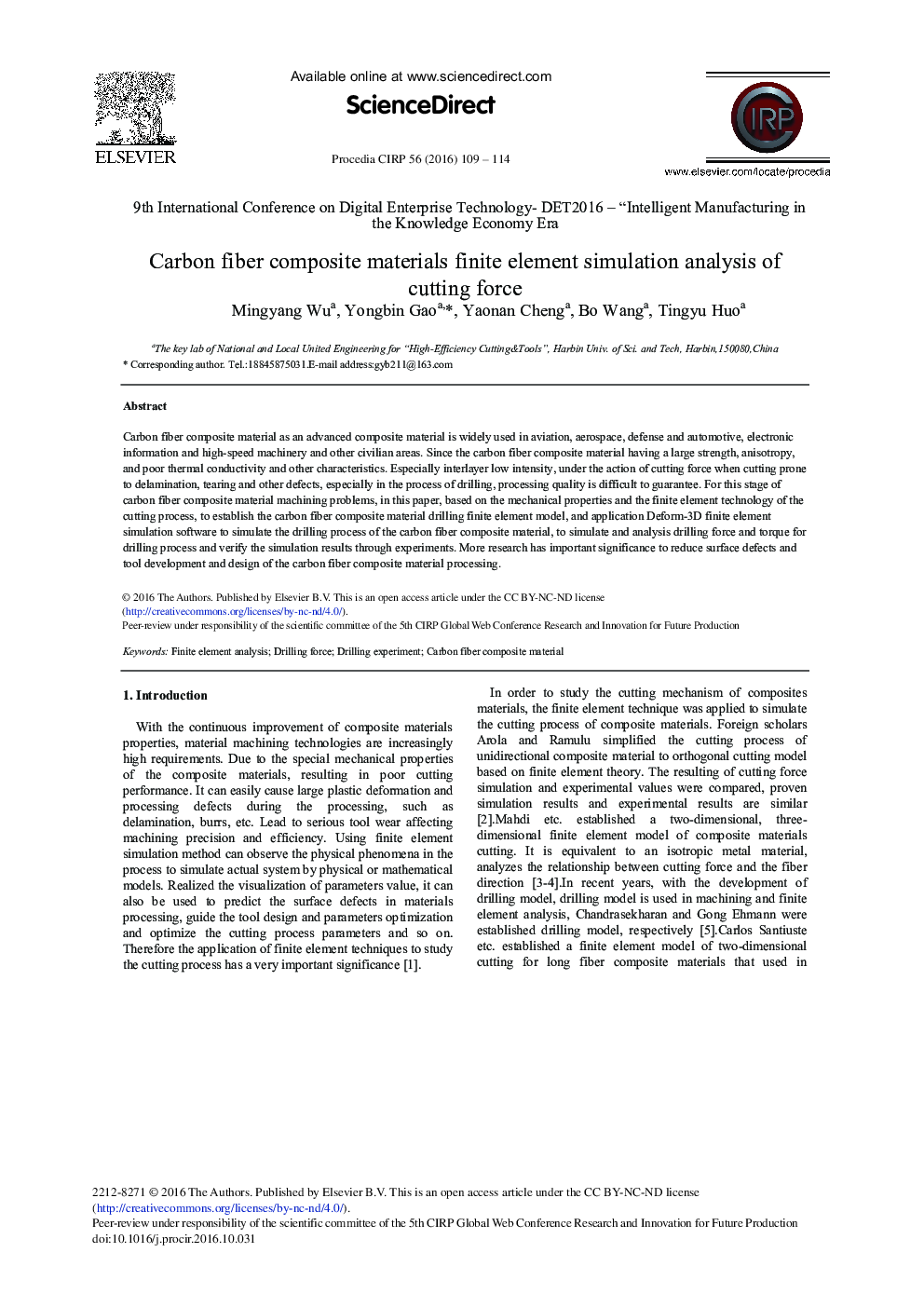 Carbon Fiber Composite Materials Finite Element Simulation Analysis of Cutting Force