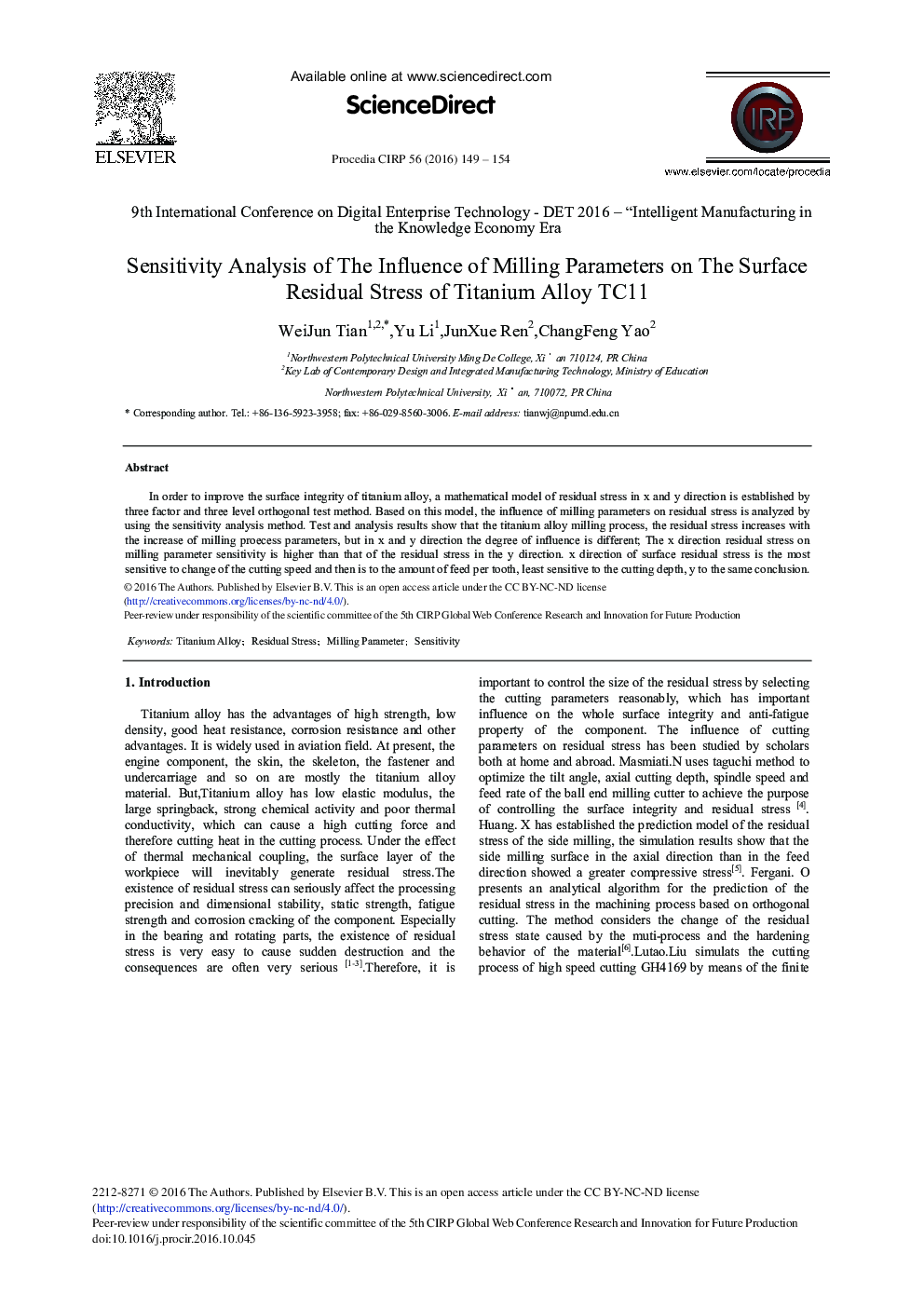 Sensitivity Analysis of the Influence of Milling Parameters on the Surface Residual Stress of Titanium Alloy TC11