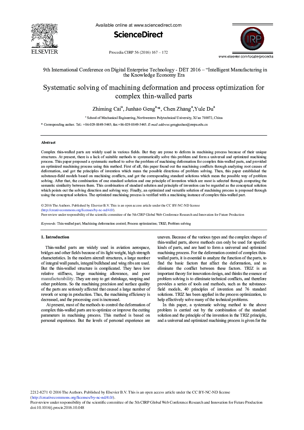 Systematic Solving of Machining Deformation and Process Optimization for Complex Thin-walled Parts