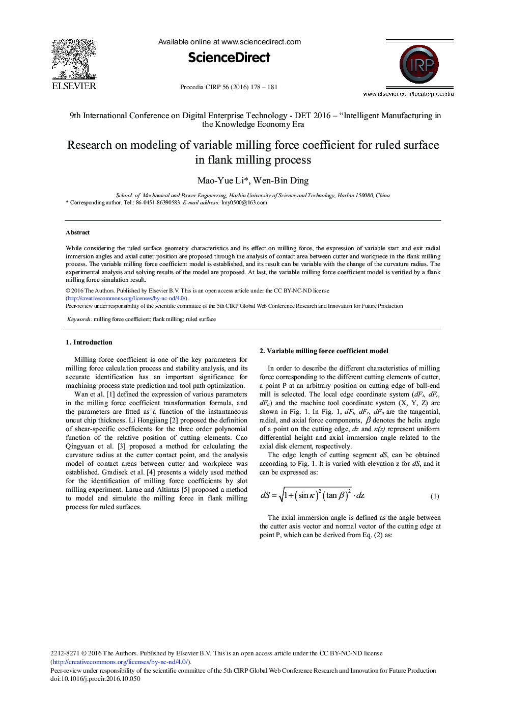 Research on Modeling of Variable Milling Force Coefficient for Ruled Surface in Flank Milling Process