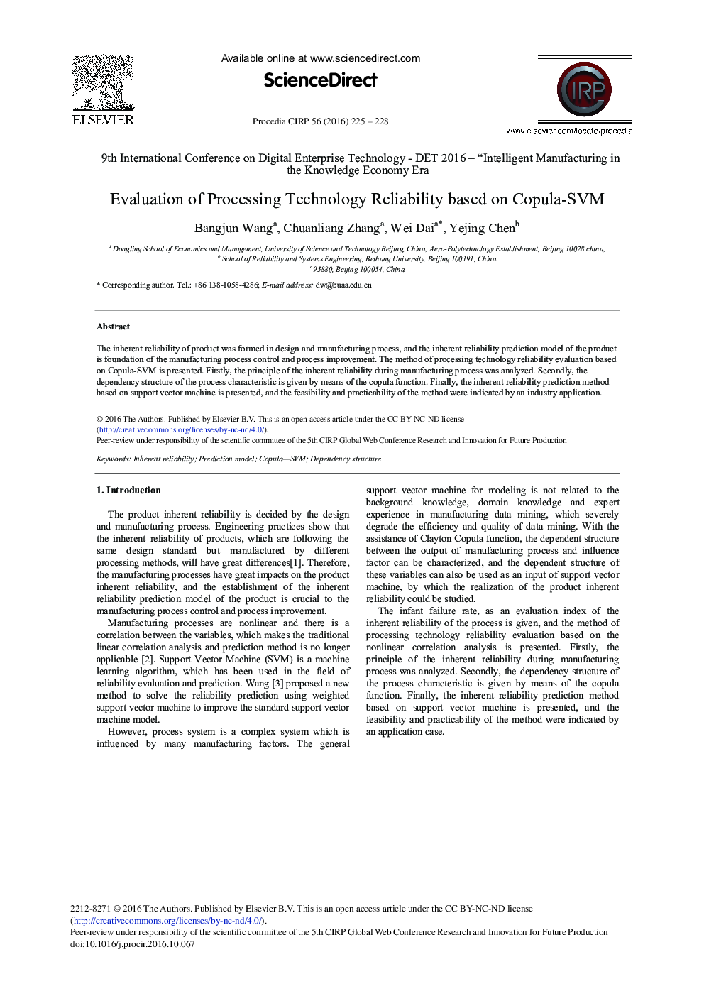 Evaluation of Processing Technology Reliability Based on Copula-SVM