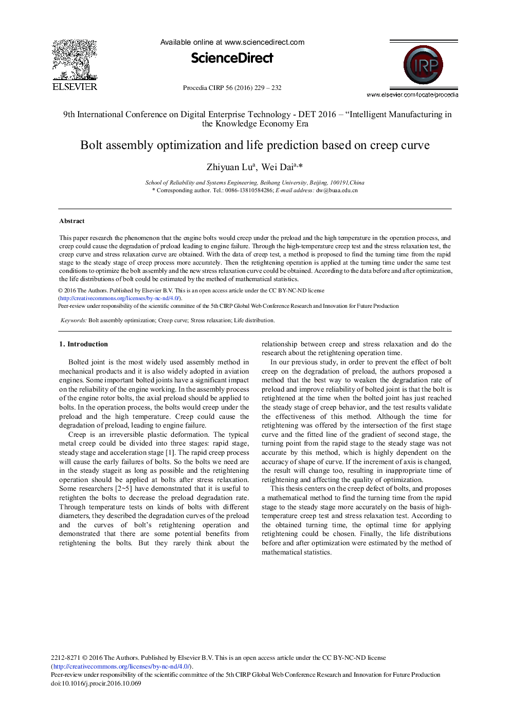 Bolt Assembly Optimization and Life Prediction Based on Creep Curve