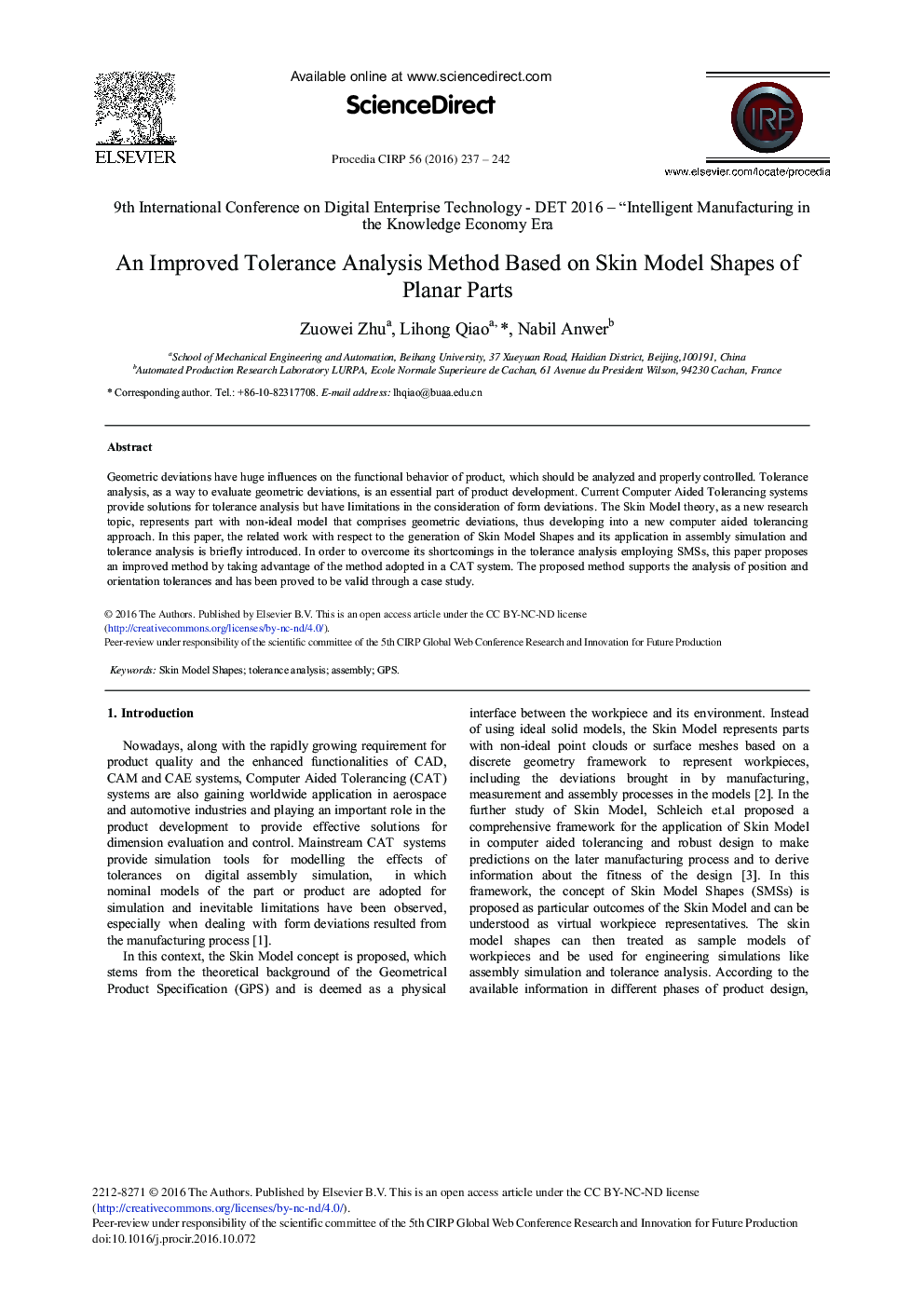 An Improved Tolerance Analysis Method Based on Skin Model Shapes of Planar Parts