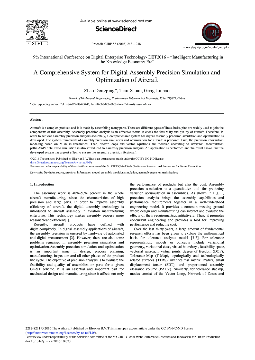 A Comprehensive System for Digital Assembly Precision Simulation and Optimization of Aircraft