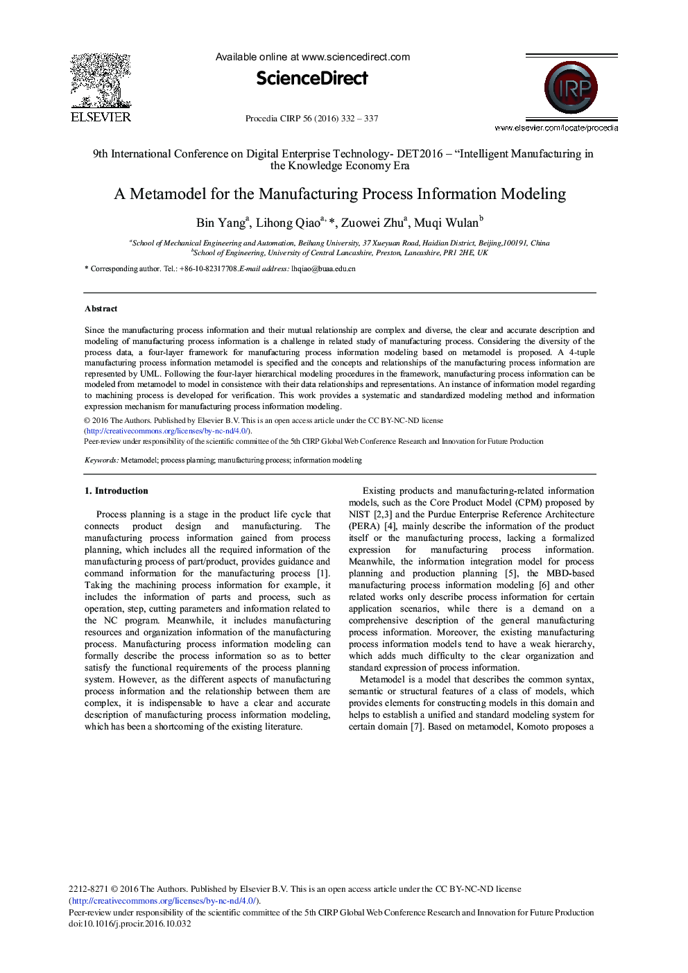 A Metamodel for the Manufacturing Process Information Modeling
