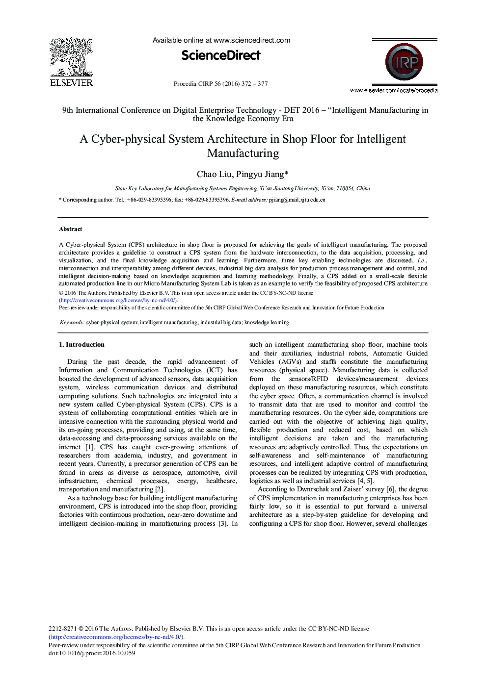 A Cyber-physical System Architecture in Shop Floor for Intelligent Manufacturing