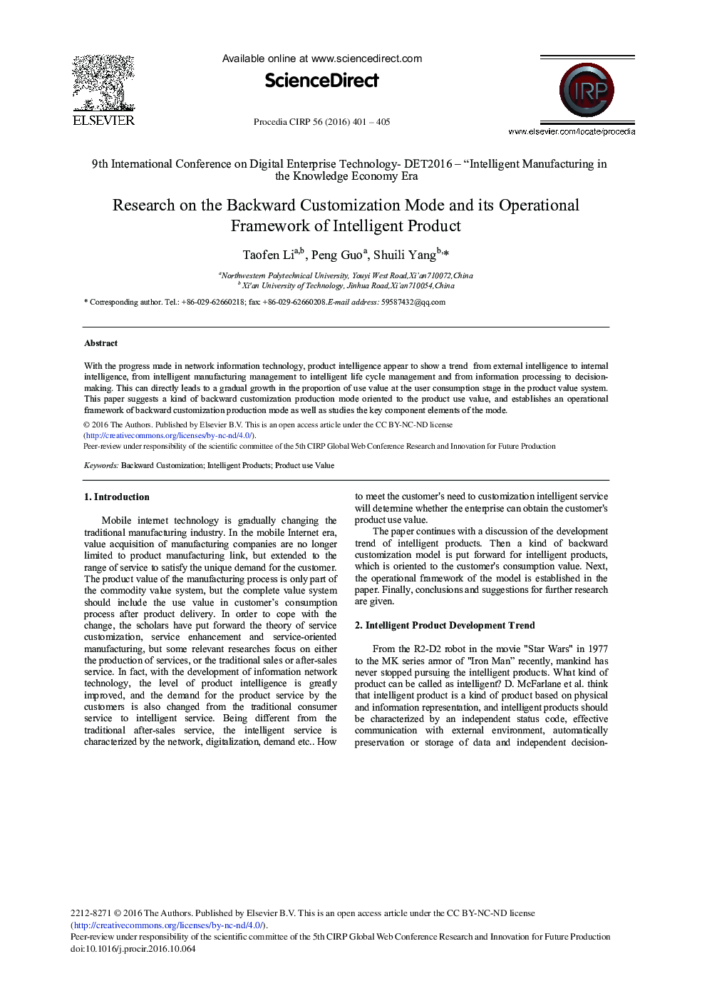 Research on the Backward Customization Mode and its Operational Framework of Intelligent Product