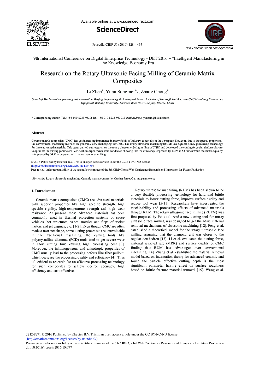 Research on the Rotary Ultrasonic Facing Milling of Ceramic Matrix Composites