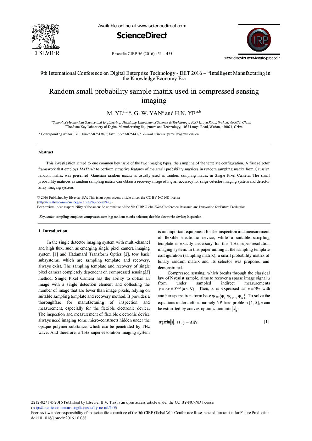 Random Small Probability Sample Matrix Used in Compressed Sensing Imaging