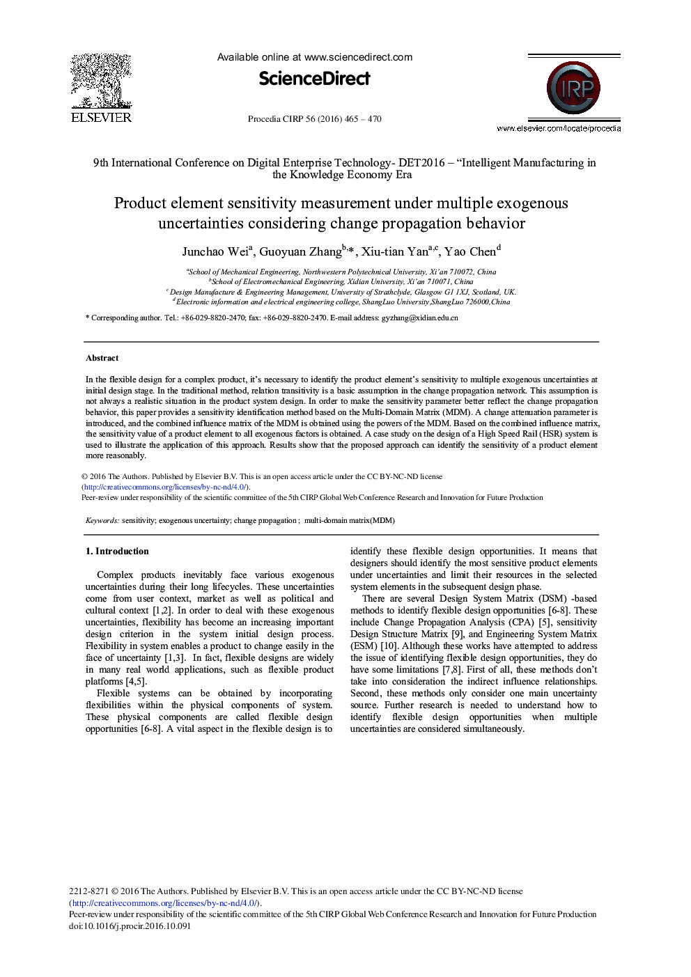 Product Element Sensitivity Measurement Under Multiple Exogenous Uncertainties Considering Change Propagation Behavior