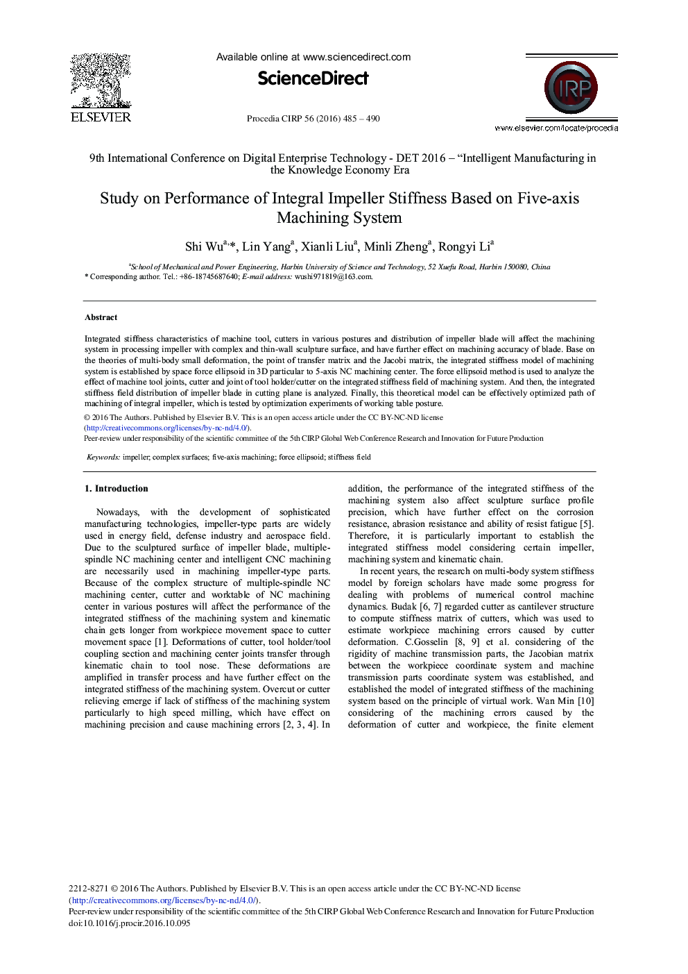 Study on Performance of Integral Impeller Stiffness Based on Five-axis Machining System