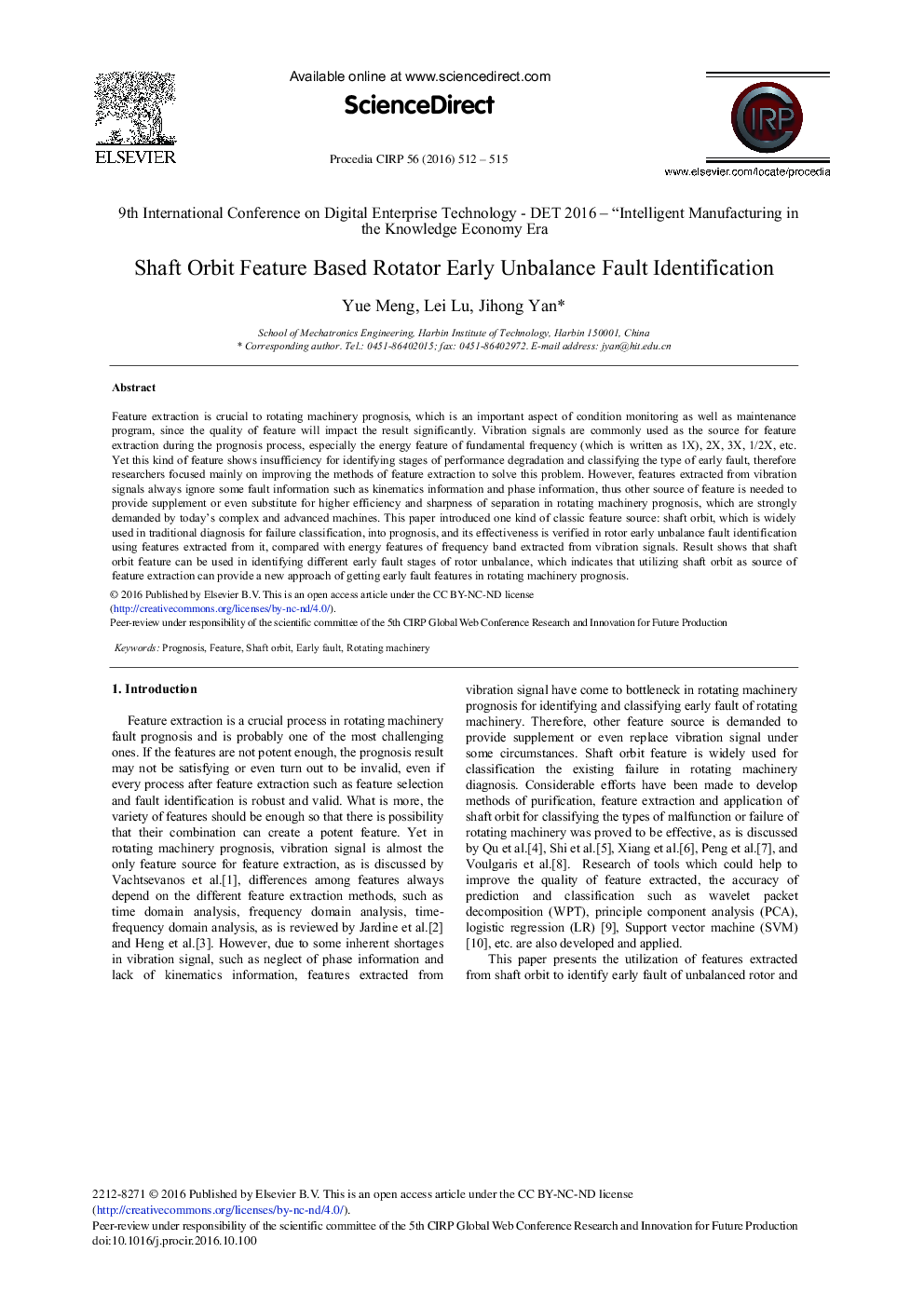 Shaft Orbit Feature Based Rotator Early Unbalance Fault Identification