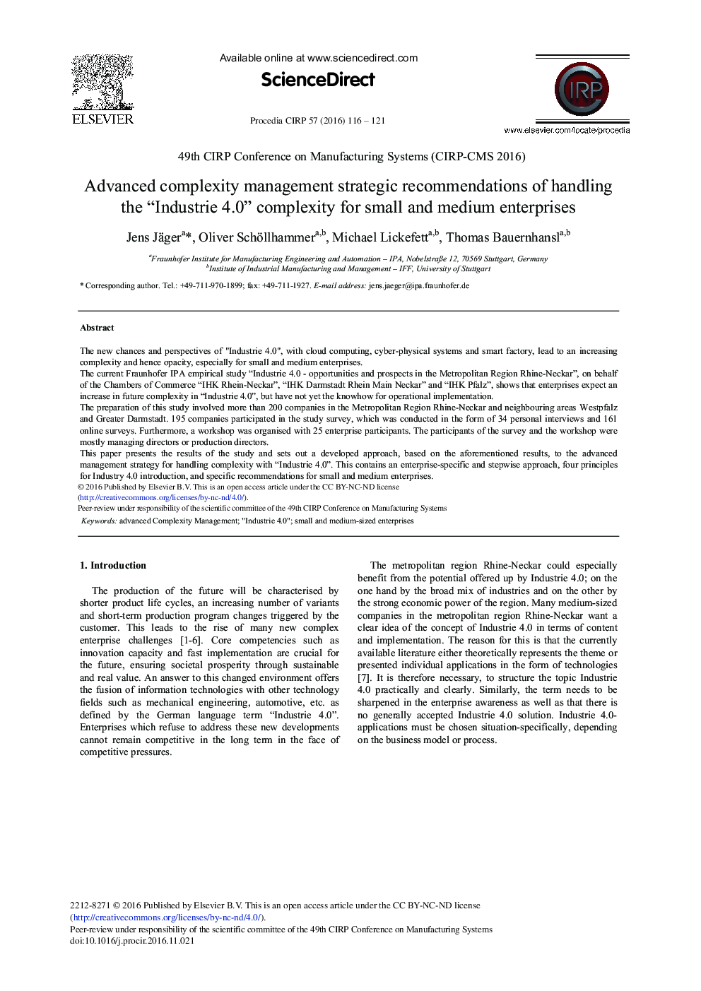 Advanced Complexity Management Strategic Recommendations of Handling the “Industrie 4.0” Complexity for Small and Medium Enterprises