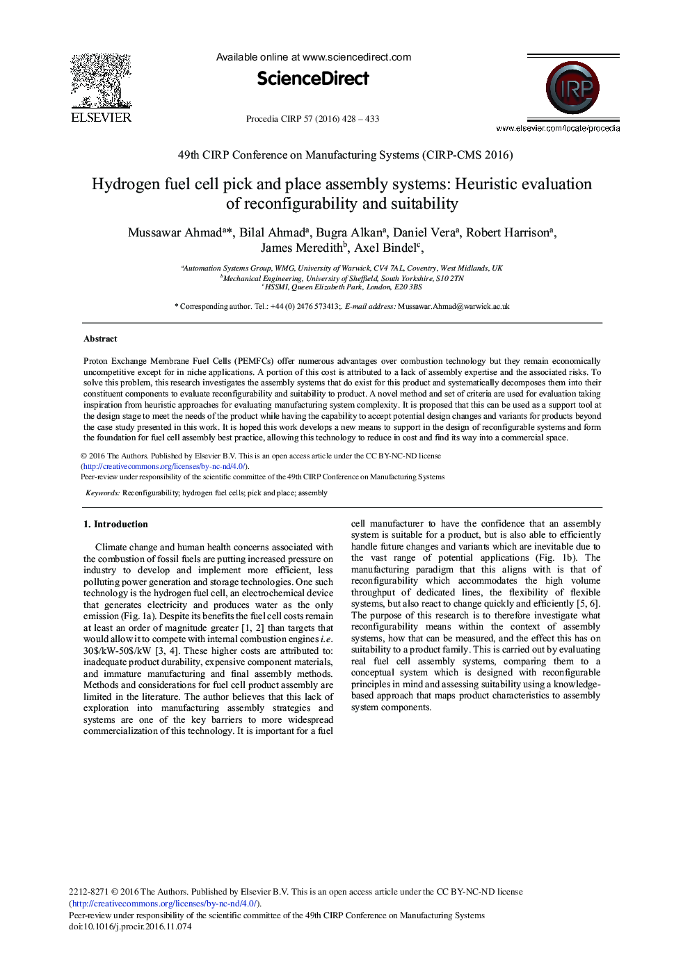 Hydrogen Fuel Cell Pick and Place Assembly Systems: Heuristic Evaluation of Reconfigurability and Suitability