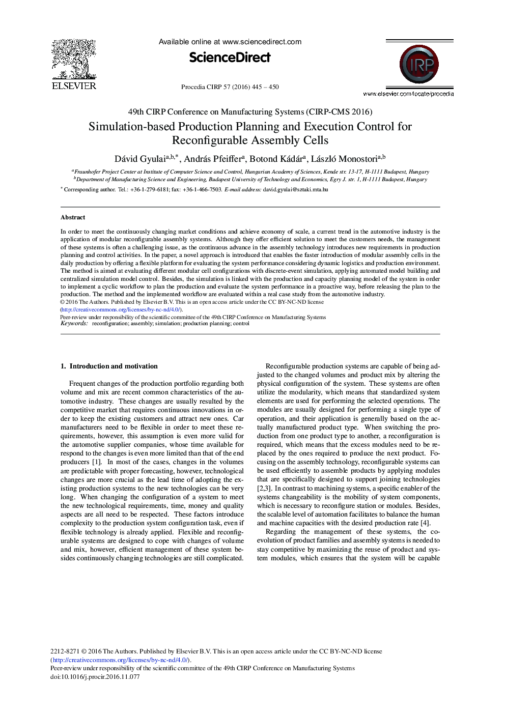 Simulation-based Production Planning and Execution Control for Reconfigurable Assembly Cells