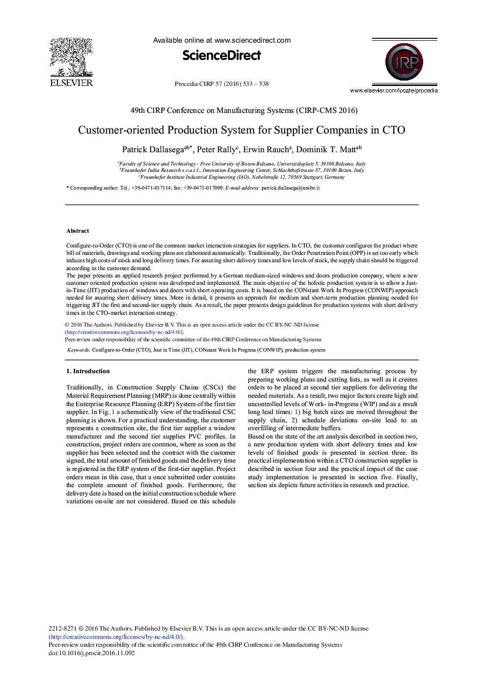 Customer-oriented Production System for Supplier Companies in CTO