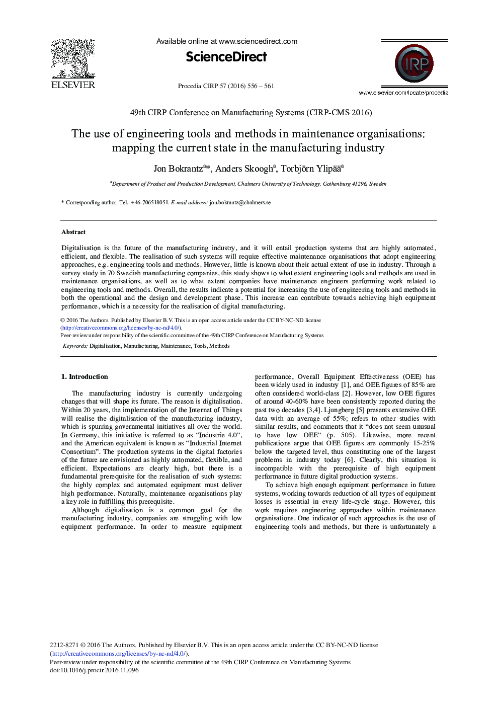 The Use of Engineering Tools and Methods in Maintenance Organisations: Mapping the Current State in the Manufacturing Industry