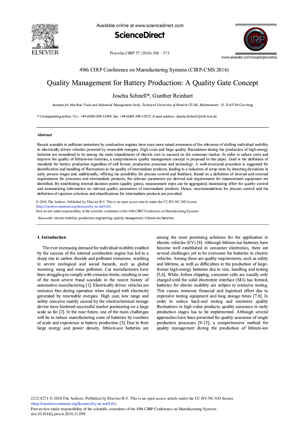 Quality Management for Battery Production: A Quality Gate Concept
