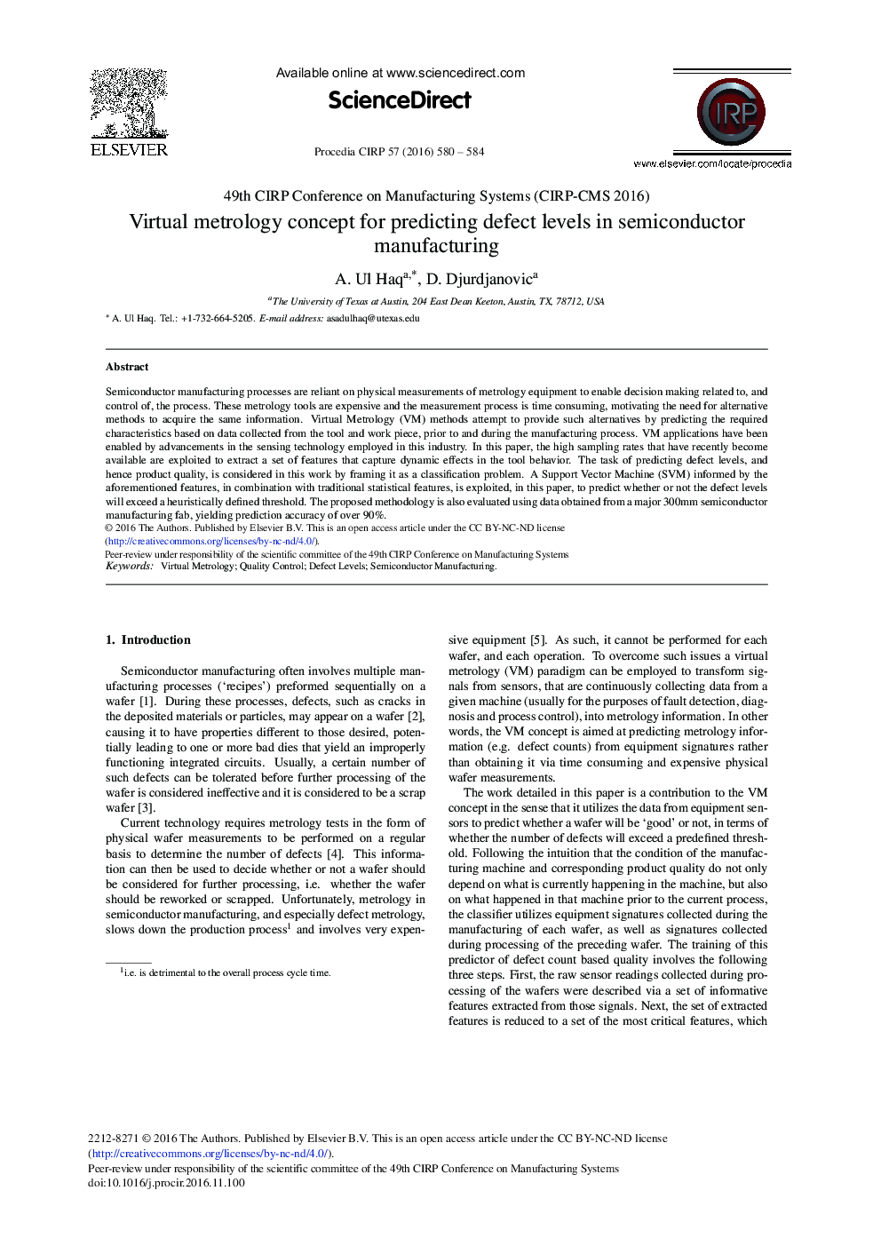 Virtual Metrology Concept for Predicting Defect Levels in Semiconductor Manufacturing