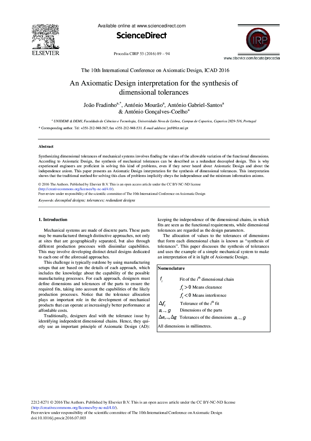 An Axiomatic Design Interpretation for the Synthesis of Dimensional Tolerances