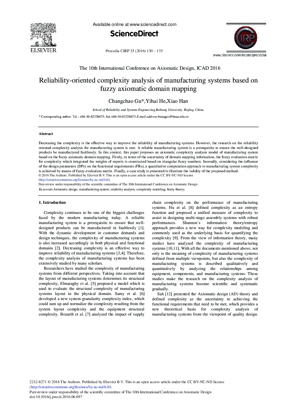 Reliability-oriented Complexity Analysis of Manufacturing Systems Based on Fuzzy Axiomatic Domain Mapping