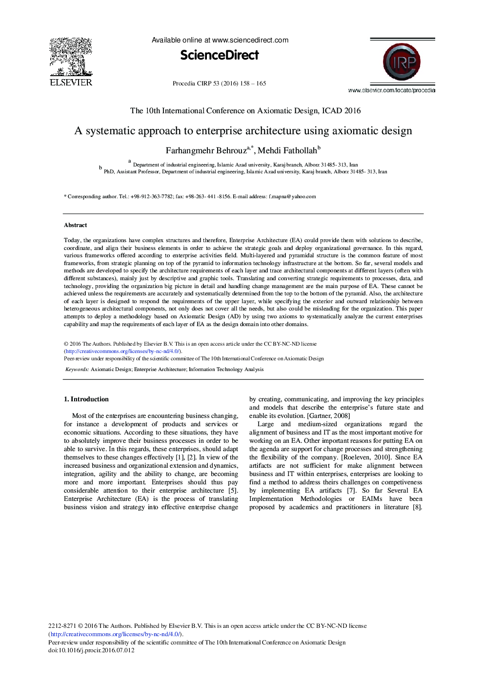 A Systematic Approach to Enterprise Architecture Using Axiomatic Design