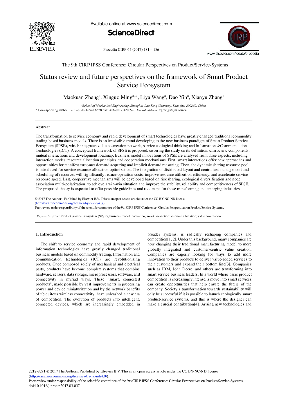 Status Review and Future Perspectives on the Framework of Smart Product Service Ecosystem