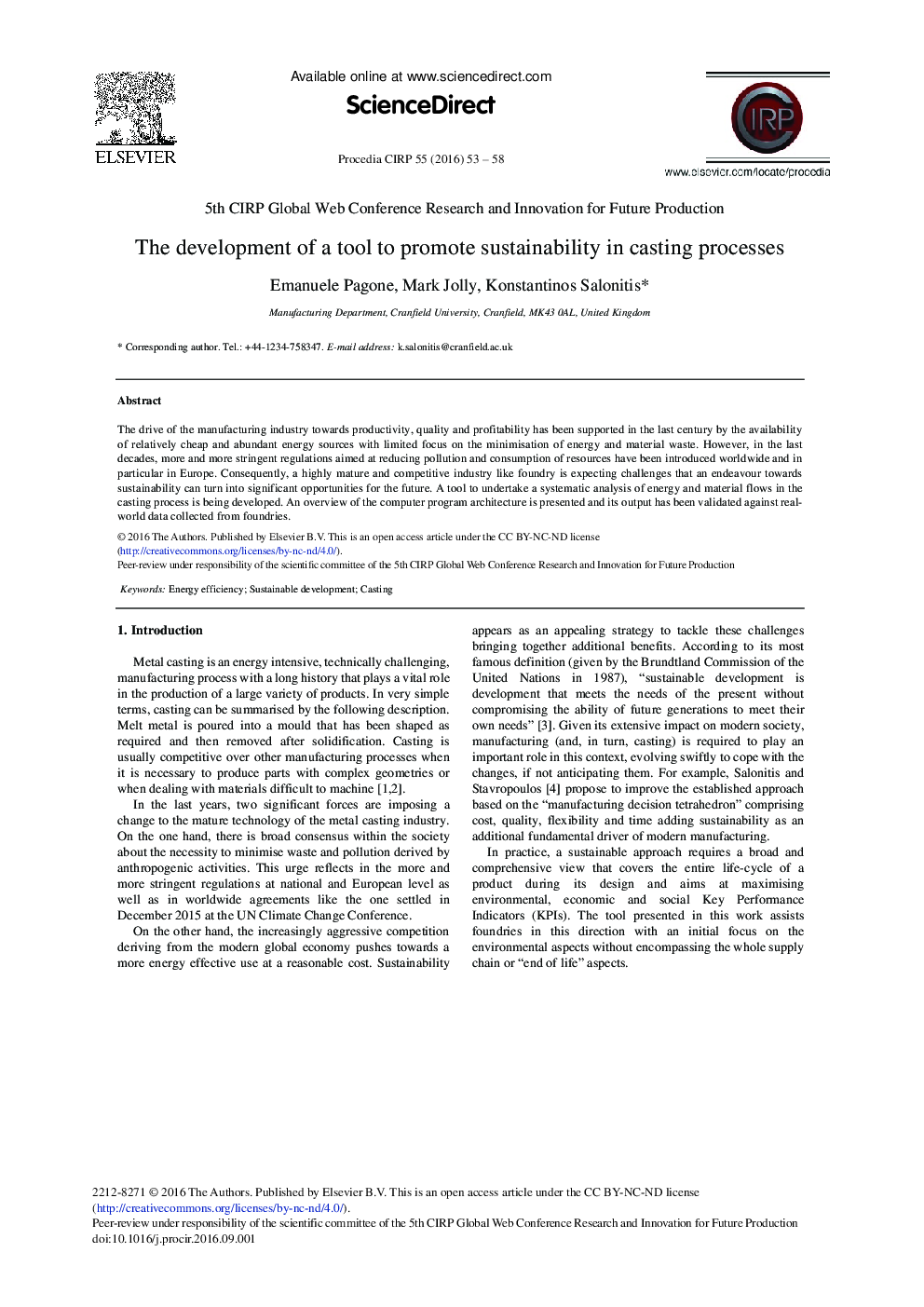 The Development of a Tool to Promote Sustainability in Casting Processes