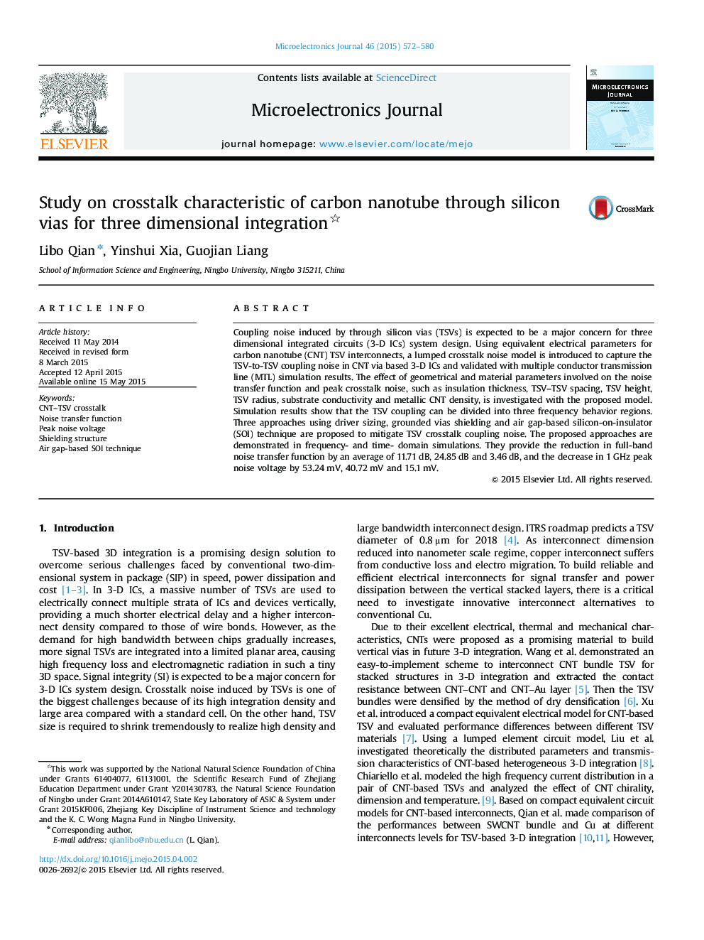 عکس صفحه اول مقاله: Study on crosstalk characteristic of carbon nanotube through silicon vias for three dimensional integration Study on crosstalk characteristic of carbon nanotube through silicon vias for three dimensional integration