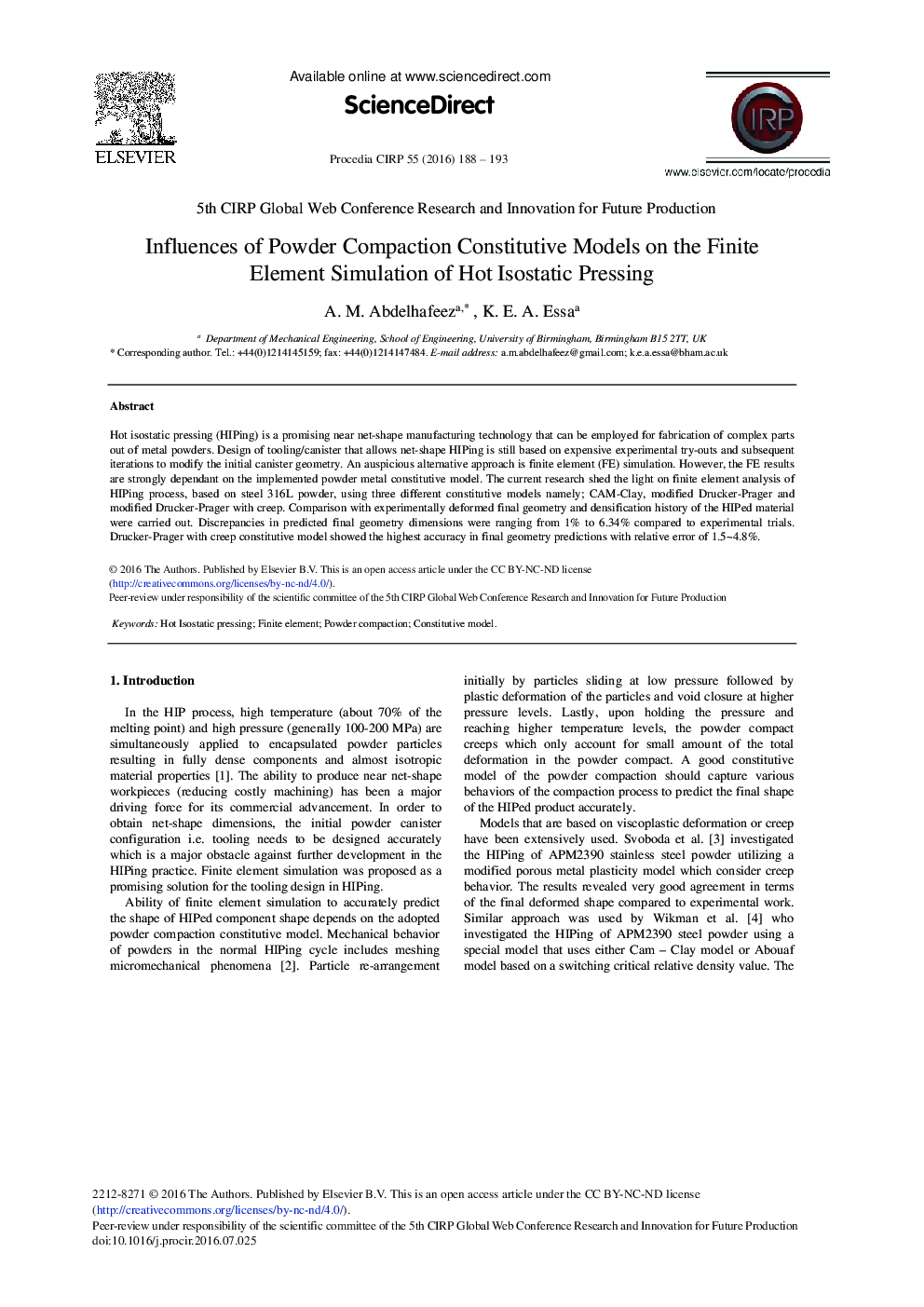 Influences of Powder Compaction Constitutive Models on the Finite Element Simulation of Hot Isostatic Pressing