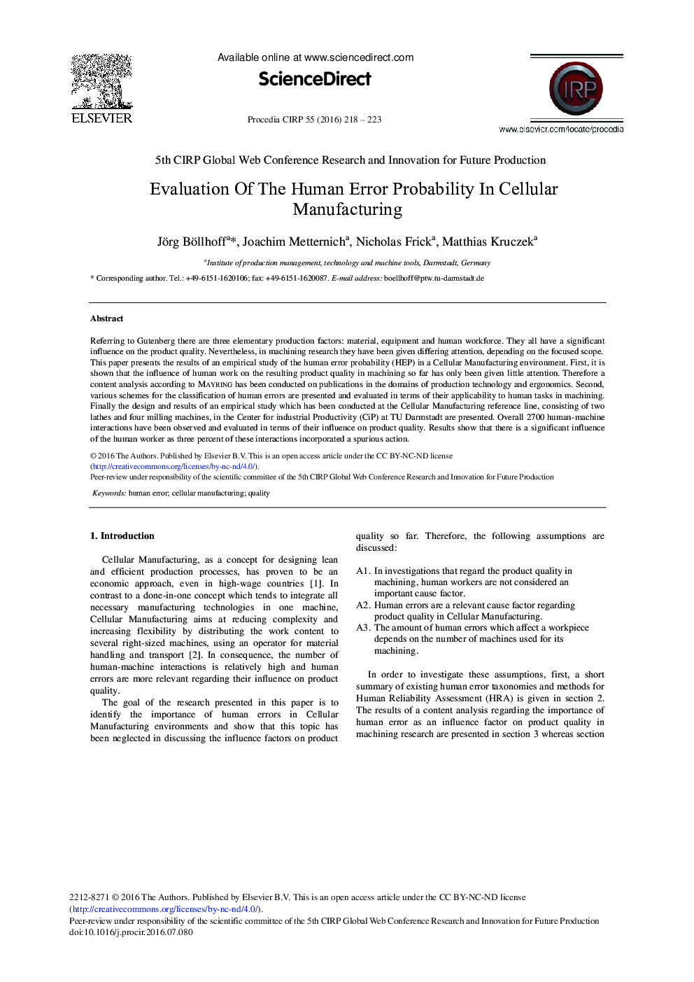 Evaluation of the Human Error Probability in Cellular Manufacturing