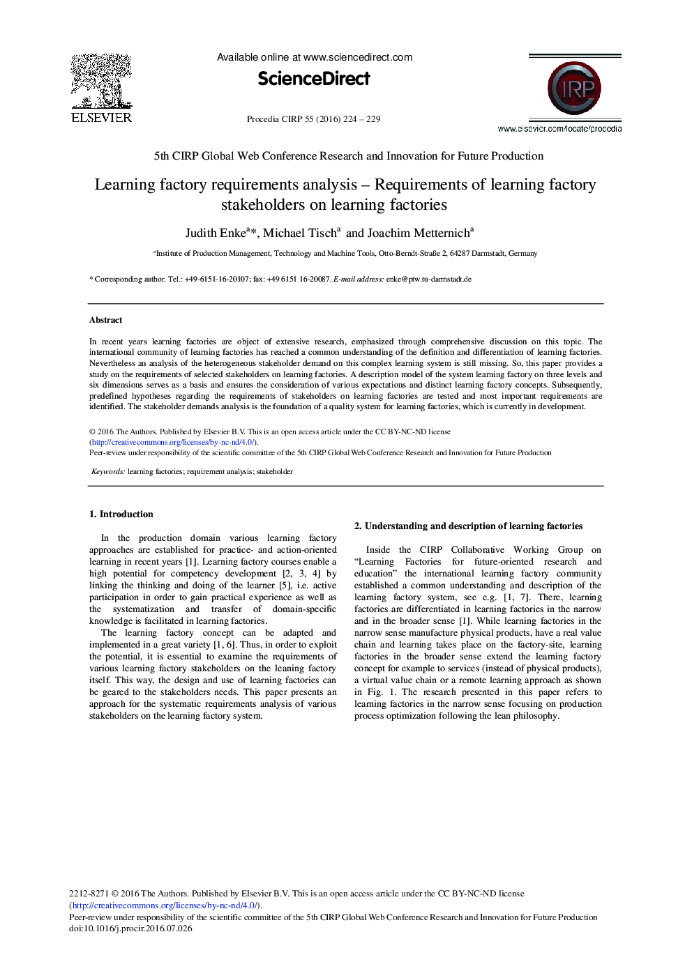 Learning Factory Requirements Analysis - Requirements of Learning Factory Stakeholders on Learning Factories