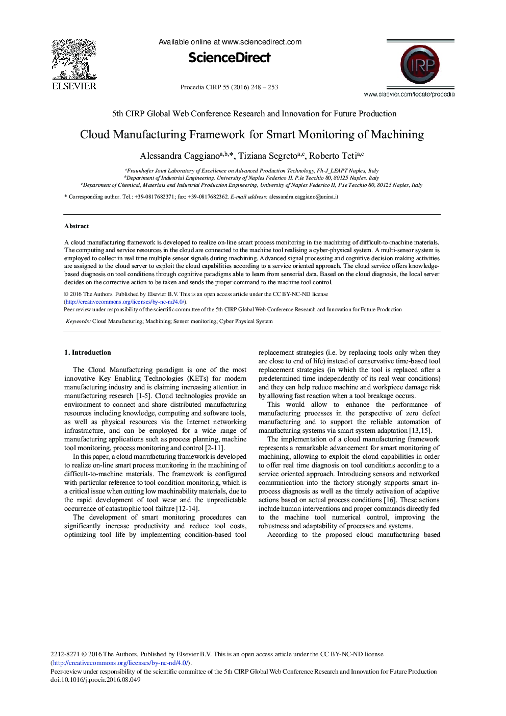 Cloud Manufacturing Framework for Smart Monitoring of Machining