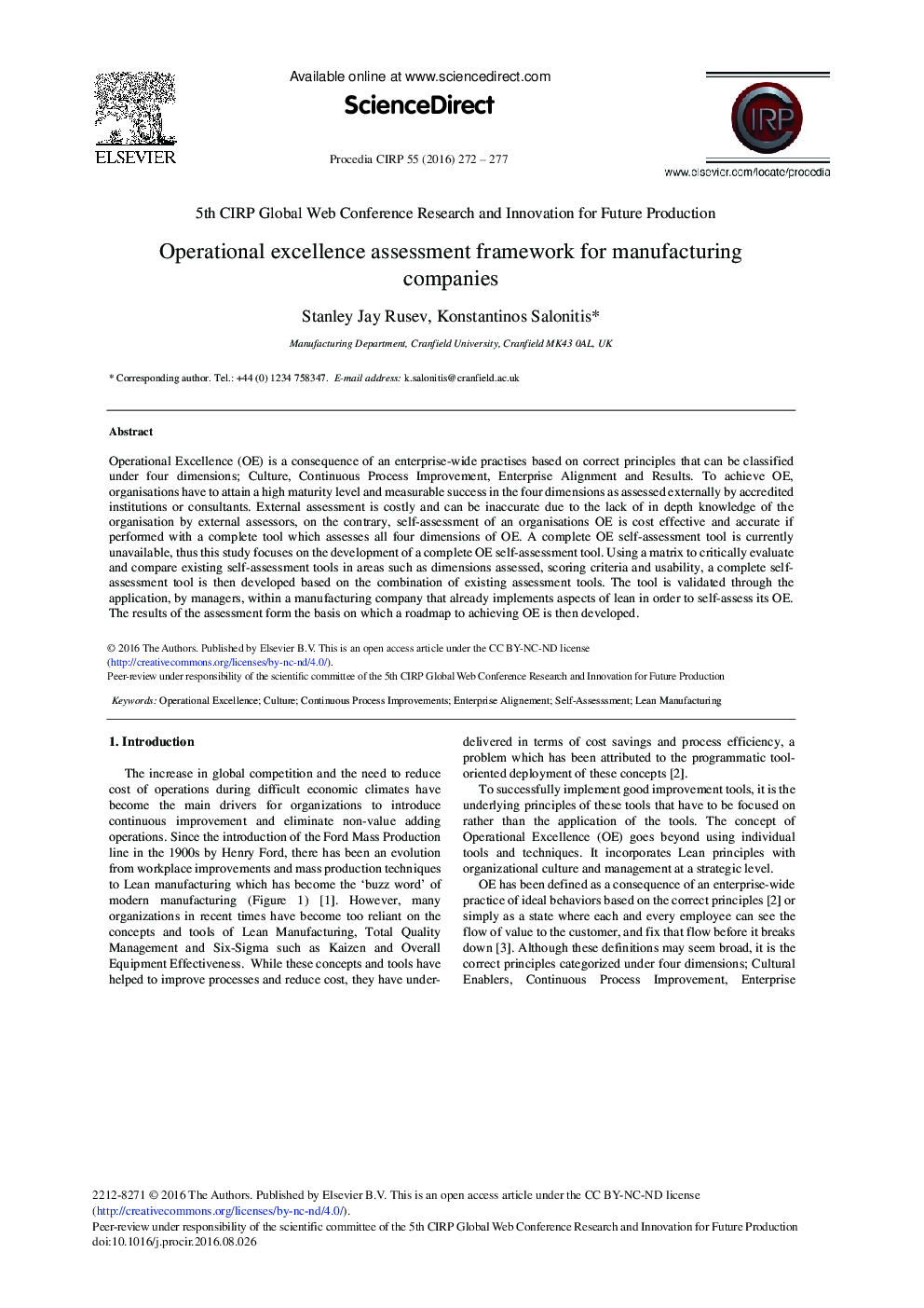 Operational Excellence Assessment Framework for Manufacturing Companies