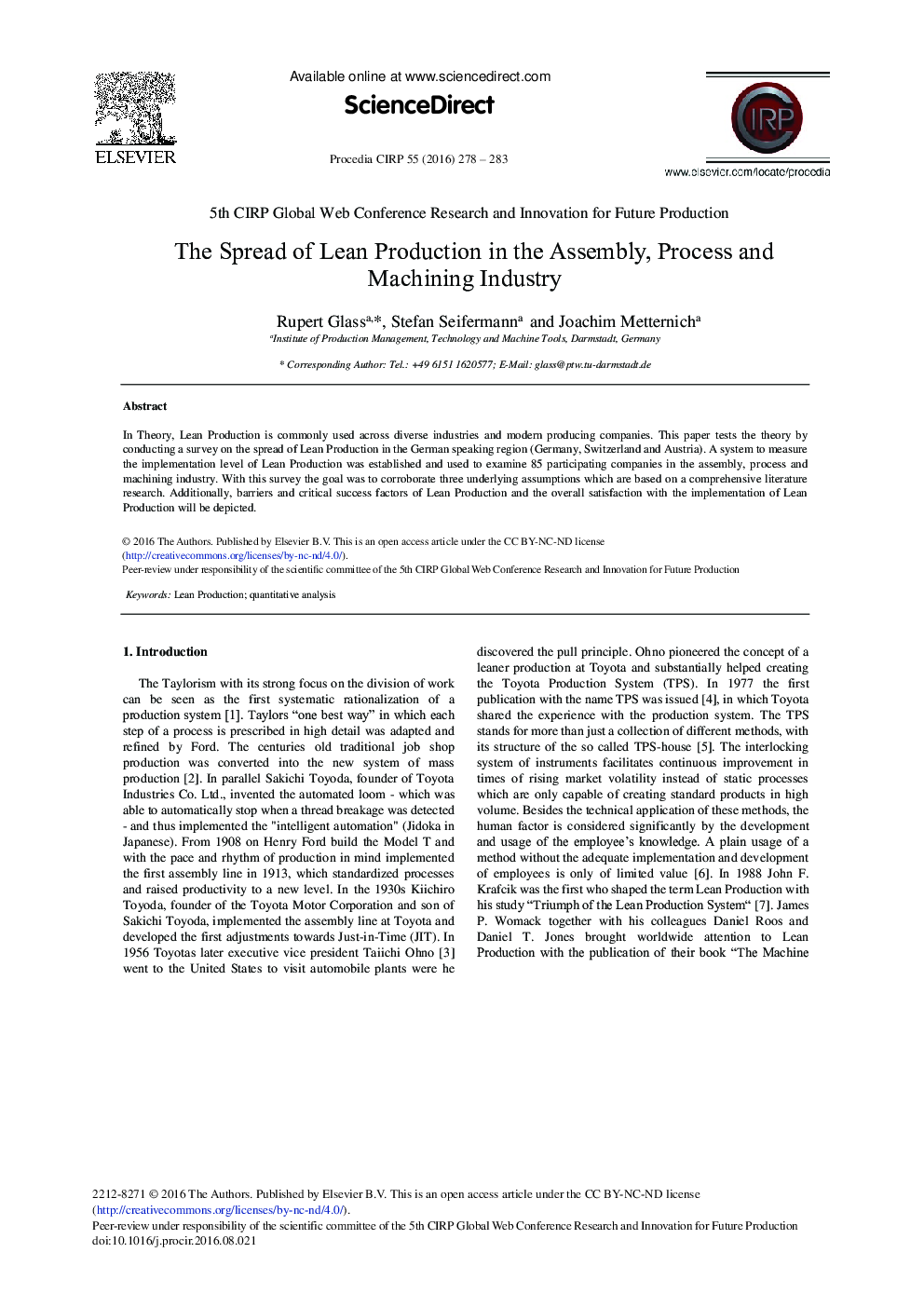 The Spread of Lean Production in the Assembly, Process and Machining Industry