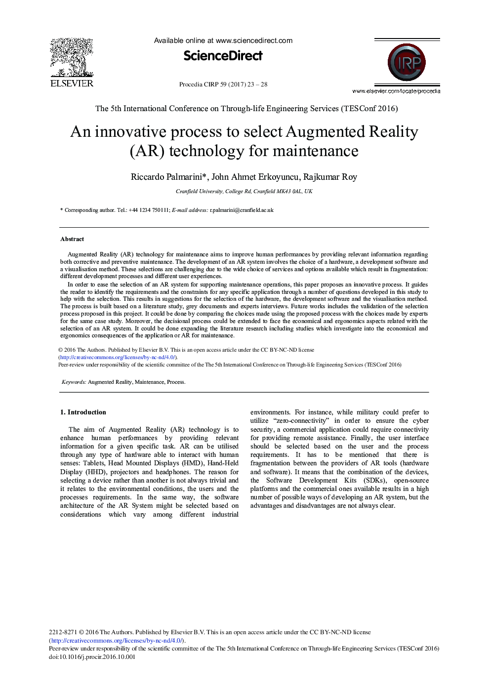 An Innovative Process to Select Augmented Reality (AR) Technology for Maintenance