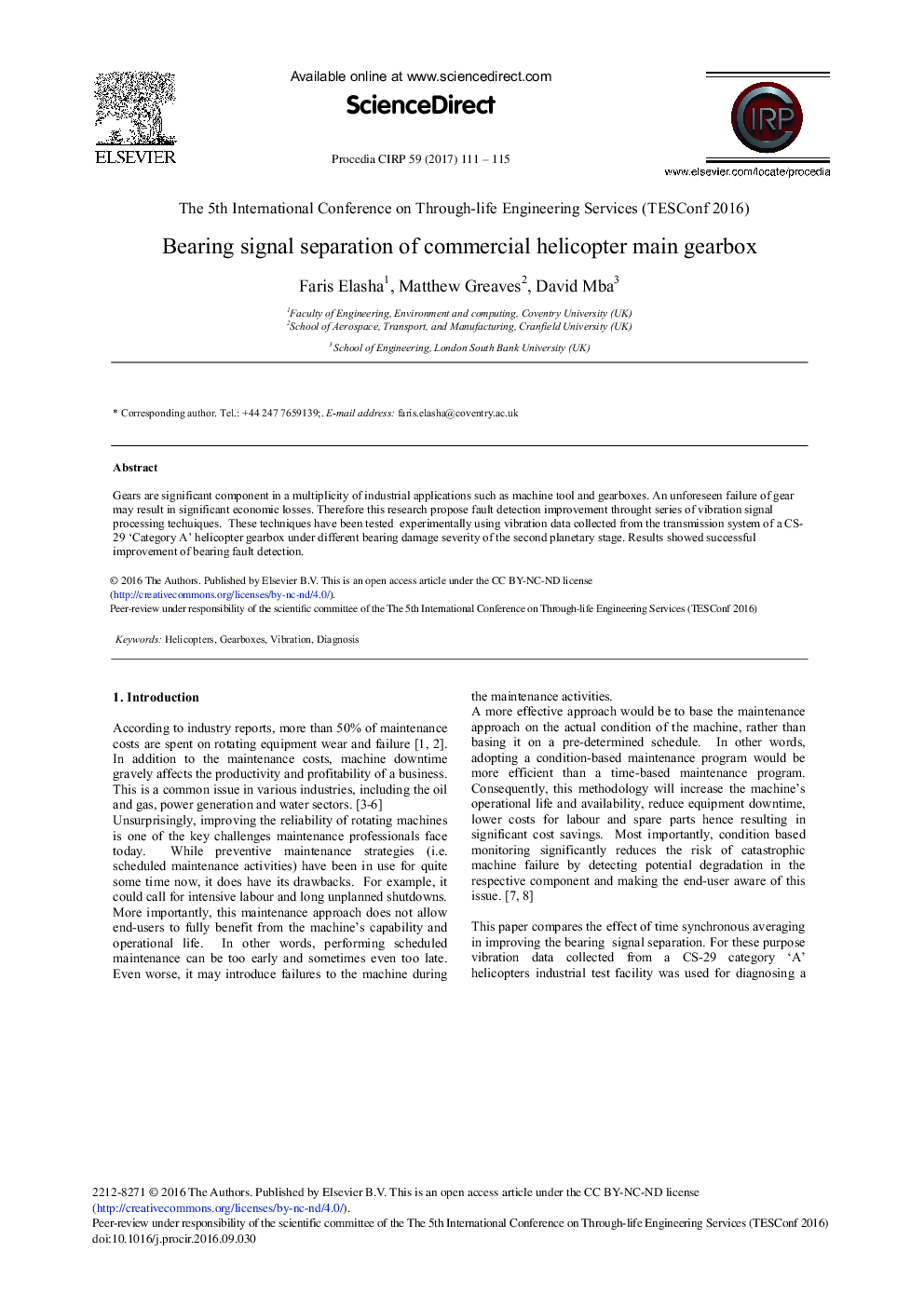 Bearing Signal Separation of Commercial Helicopter Main Gearbox